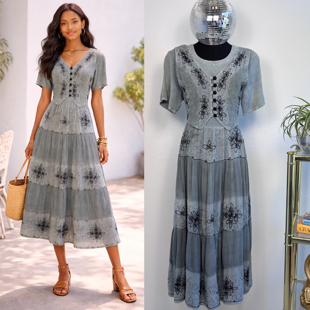 Vintage Cottage‎ Blue Grey Embroidered Tiered Midi Dress, Medium Boho Ren Faire